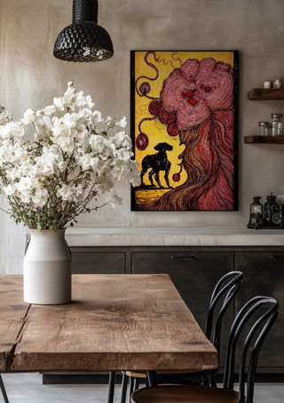 End Of Illusion by Tt2art in a black frame above a rustic table with white flowers