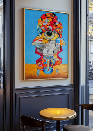 Allegorie schizophrener Psychosen - "Trampelismus" by wodeoldau in an oak frame on a panelled café wall