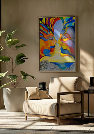 Diplomatische Illusion by wodeoldau framed above a beige armchair beside a potted plant