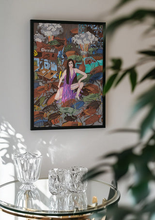The only things that will be left after a nuclear holocaust are cockroaches and Cher by Daukantė in a black frame above a glass table with crystal glassware