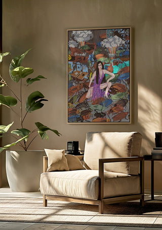 The only things that will be left after a nuclear holocaust are cockroaches and Cher by Daukantė framed above a beige armchair beside a potted plant