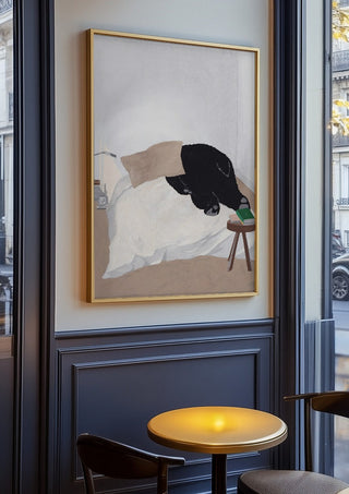 Dream department by Jaron Su in an oak frame on a panelled café wall