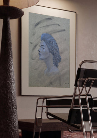 Blue Profile by Allheartsportraits framed in a dim room beside a tubular steel chair