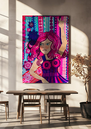Octopus dancing queen by ALEX hanging above a wooden dining table in warm sunlight