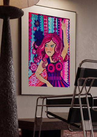 Octopus dancing queen by ALEX framed in a dim room beside a tubular steel chair