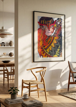 The Eagles by ALEX in a black frame in a bright dining room with wooden chairs