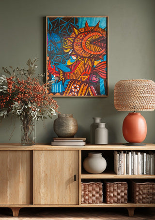 Welcome by ALEX above a wooden sideboard on a sage green wall