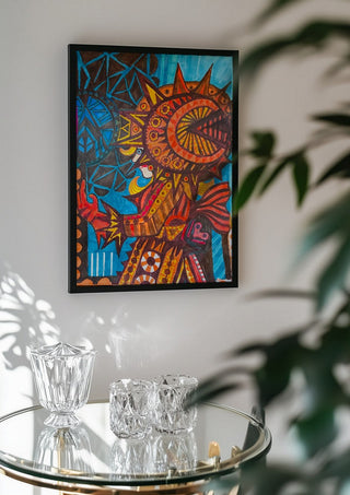 Welcome by ALEX in a black frame above a glass table with crystal glassware