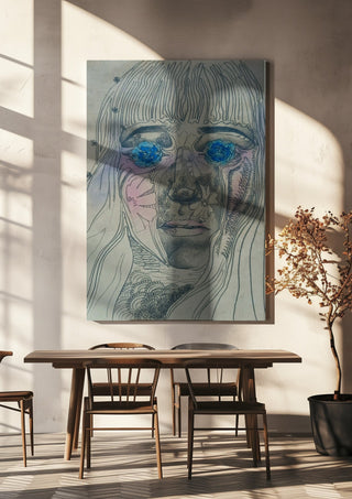 Awe by Alice Ruja hanging above a wooden dining table in warm sunlight