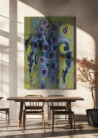 Summer rain by Alice Ruja hanging above a wooden dining table in warm sunlight