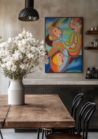 Three pilots by Gerard Ceulemans in a black frame above a rustic table with white flowers