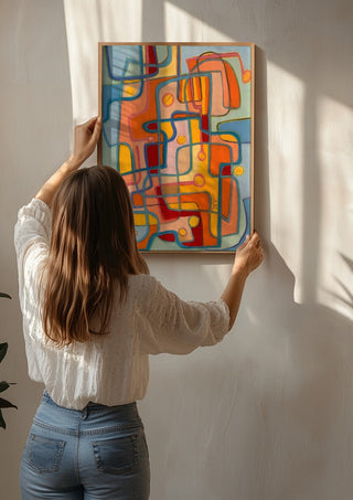 Walking the dog by Gerard Ceulemans being hung on a sunlit wall