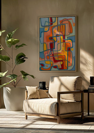 Walking the dog by Gerard Ceulemans framed above a beige armchair beside a potted plant