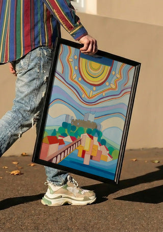 Tomar by day by Gerard Ceulemans carried in a black frame along a sunny street