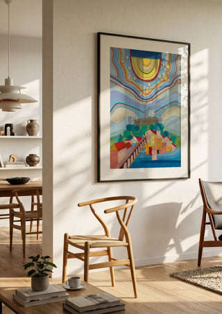 Tomar by day by Gerard Ceulemans in a black frame in a bright dining room with wooden chairs