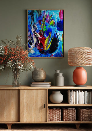 Abstract in perfection 2 by Walter Zettl above a wooden sideboard on a sage green wall