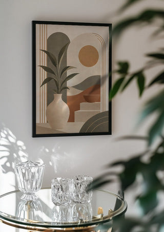 Bohemian Botanical Harmony – Terracotta & Sage Green by TimlessArtworks in a black frame above a glass table with crystal glassware