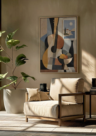 Bohemian String Instrument Still Life – Earthy Tones & Coastal Scene by TimlessArtworks framed above a beige armchair beside a potted plant
