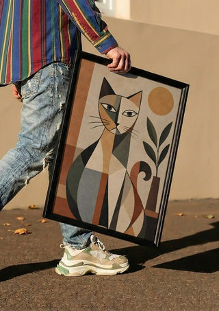Bohemian Geometric Cat – Terracotta, Botanical & Earthy Forms by TimlessArtworks carried in a black frame along a sunny street