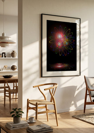 Light and Energy by Walter Zettl in a black frame in a bright dining room with wooden chairs