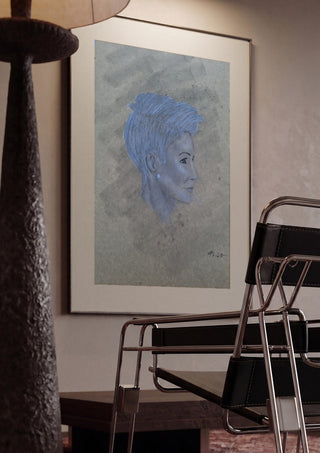 Portrait in Blue by Allheartsportraits framed in a dim room beside a tubular steel chair