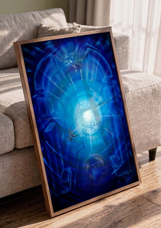 Scorpio zodiac sign by Walter Zettl in a walnut frame leaning against a grey sofa