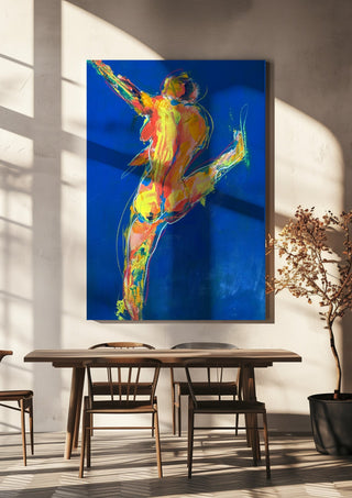 Blue Dancer by René J hanging above a wooden dining table in warm sunlight