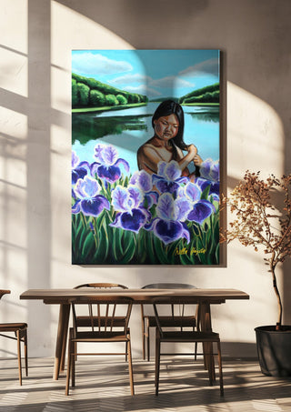 Awakening by Nella Hajdu hanging above a wooden dining table in warm sunlight