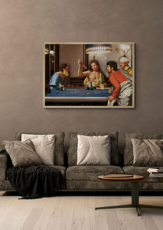 Casino Gang by Dikhotomy in a light wood frame above a grey sofa with cushions