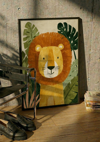 Jungle Lion by Decker Studios in a black frame leaning against a concrete wall by a steel chair