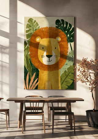 Jungle Lion by Decker Studios hanging above a wooden dining table in warm sunlight
