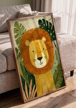 Jungle Lion by Decker Studios in a walnut frame leaning against a grey sofa