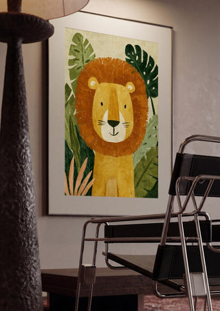Jungle Lion by Decker Studios framed in a dim room beside a tubular steel chair