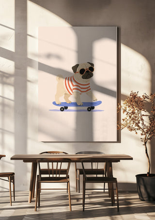 Pug on a Skateboard by Decker Studios hanging above a wooden dining table in warm sunlight