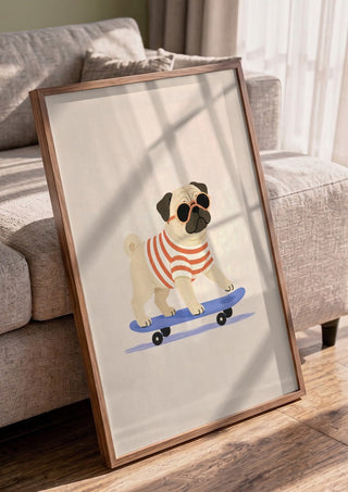 Pug on a Skateboard by Decker Studios in a walnut frame leaning against a grey sofa