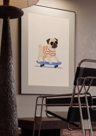 Pug on a Skateboard by Decker Studios framed in a dim room beside a tubular steel chair
