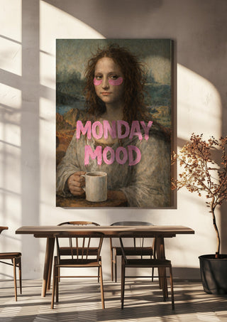 Monday Mood by Decker Studios hanging above a wooden dining table in warm sunlight