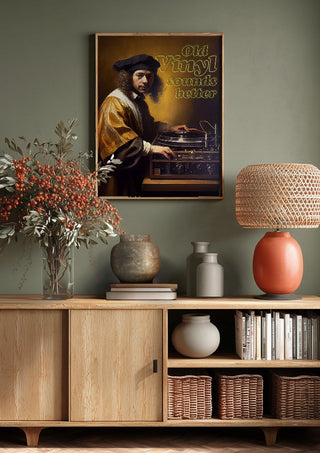 Old Vinyl Sounds Better by Dikhotomy above a wooden sideboard on a sage green wall