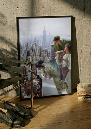 Manhattan View by Dikhotomy in a black frame leaning against a concrete wall by a steel chair