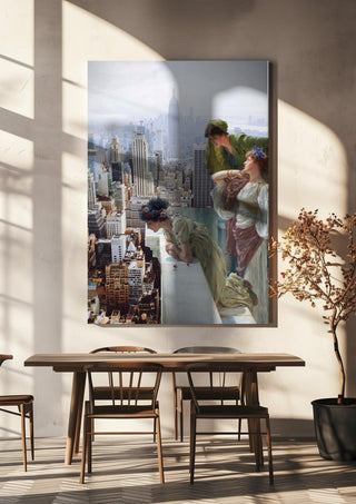 Manhattan View by Dikhotomy hanging above a wooden dining table in warm sunlight