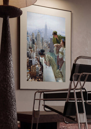 Manhattan View by Dikhotomy framed in a dim room beside a tubular steel chair