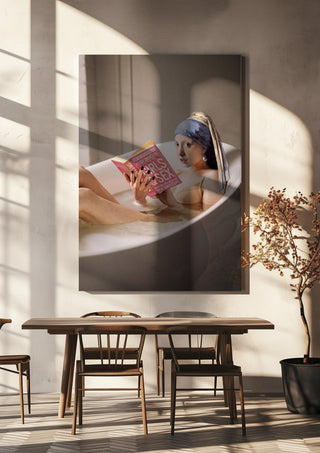 Chillin Time by Dikhotomy hanging above a wooden dining table in warm sunlight
