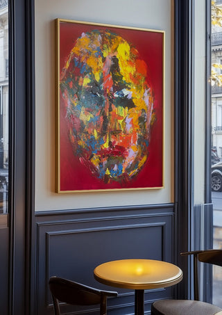 Colour Mask by René J in an oak frame on a panelled café wall