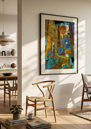 Mikro Cafe by Pelecan Schneider in a black frame in a bright dining room with wooden chairs
