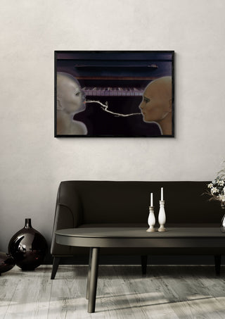Electric Piano by Pelecan Schneider in a black frame above a dark sofa with candlesticks and a vase