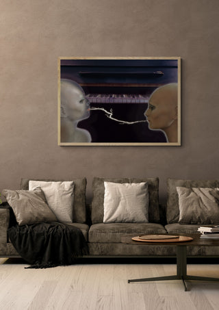 Electric Piano by Pelecan Schneider in a light wood frame above a grey sofa with cushions