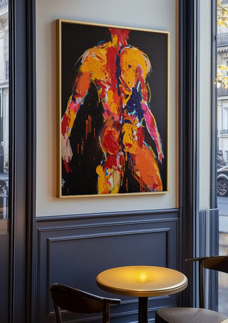 Back in Yellow by René J in an oak frame on a panelled café wall