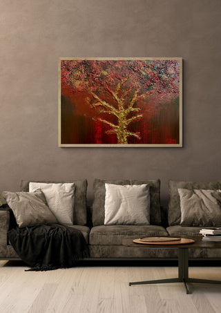 Strength by Jenyliza Kleemeyer in a light wood frame above a grey sofa with cushions