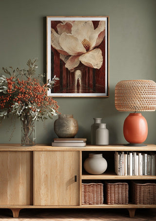Magnolia in the Hall by Matthews Gallerie above a wooden sideboard on a sage green wall