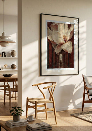 Magnolia in the Hall by Matthews Gallerie in a black frame in a bright dining room with wooden chairs